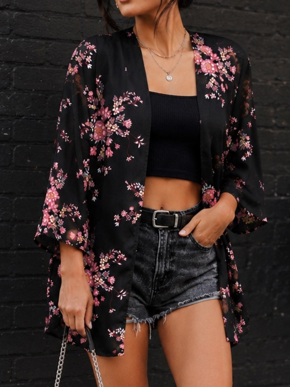 Pink Republic - Black Kimono with Pink Floral Print Size XS